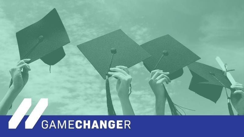 Graduates holding their caps in the air with a green overlay; MCAN logo and royal blue banner along bottom