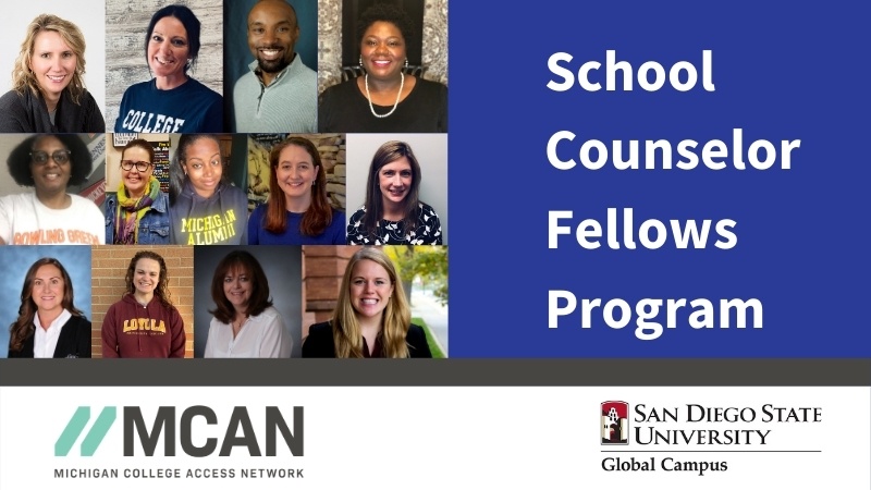 Headshots of all School Advisor Fellows in a grid, next to a royal blue background; text in white over blue background: "School Counselor Fellows Program"