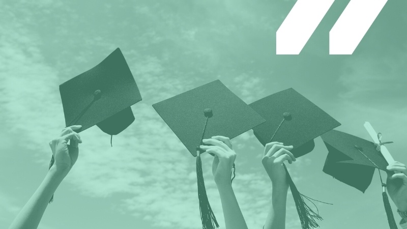 Graduates holding caps in the air with green overlay and MCAN logo in white in top right corner