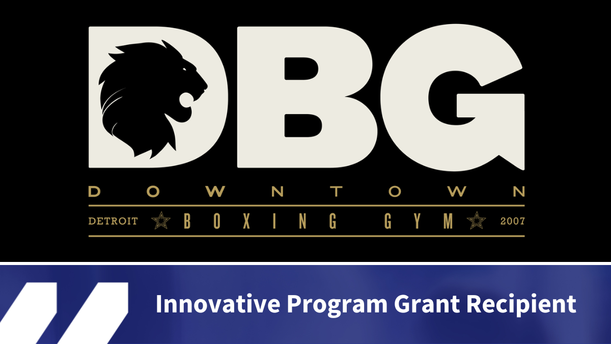"DBG Downtown Detroit Boxing Gym logo with a lion head silhouette and text 'Innovative Program Grant Recipient' on a blue background."