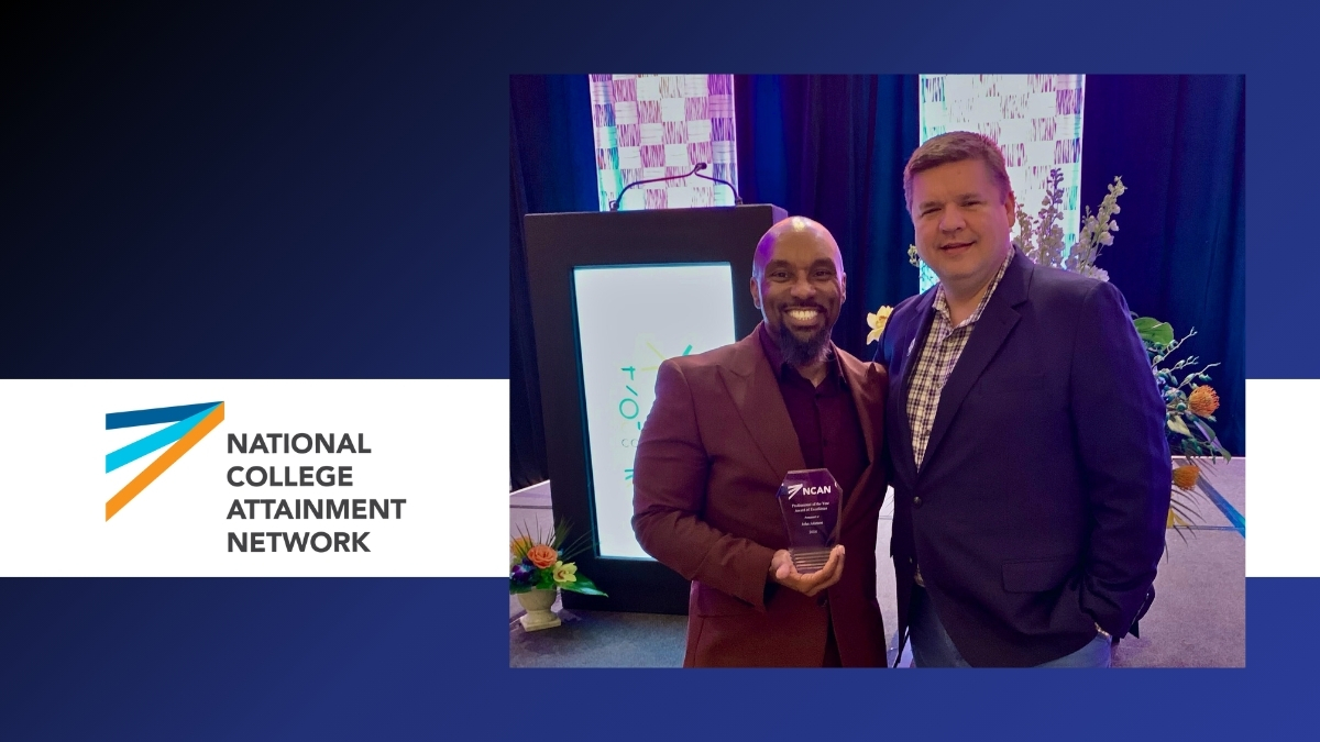 Photo of John Johnson holding his award, standing next to MCAN executive director Ryan Fewins-Bliss