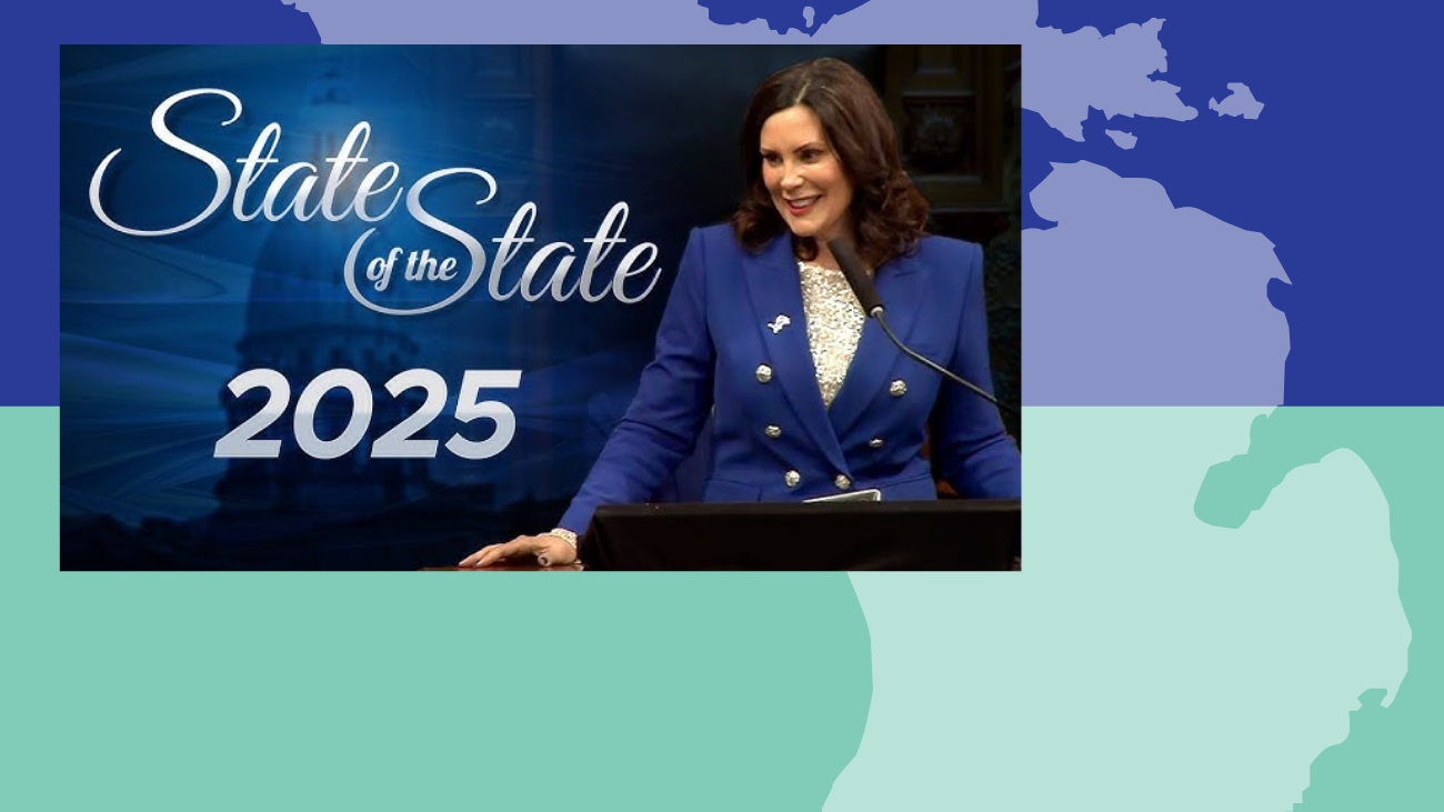 Graphic showing Gov. Gretchen Whitmer and the outline of the state of Michigan.